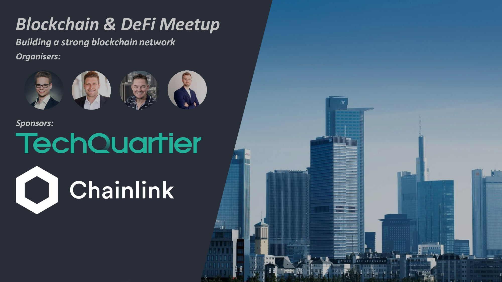 DeFi meetup Europe - decentralized finance - the importance of data oracles and market data - Frankfurt skyline - Techquartier - Chainlink